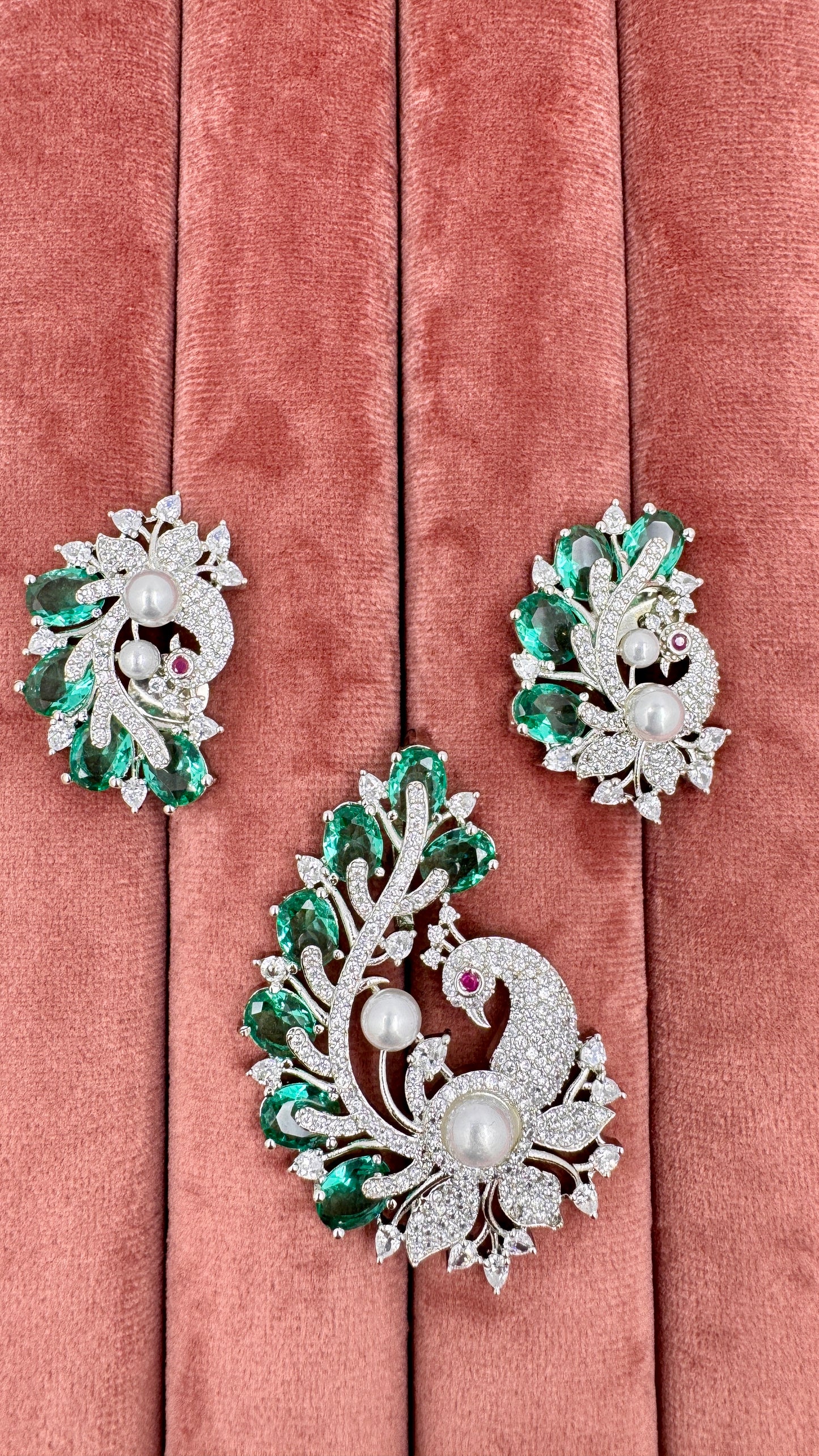 Emerald & Pearl Peacock-Inspired Pendant Set