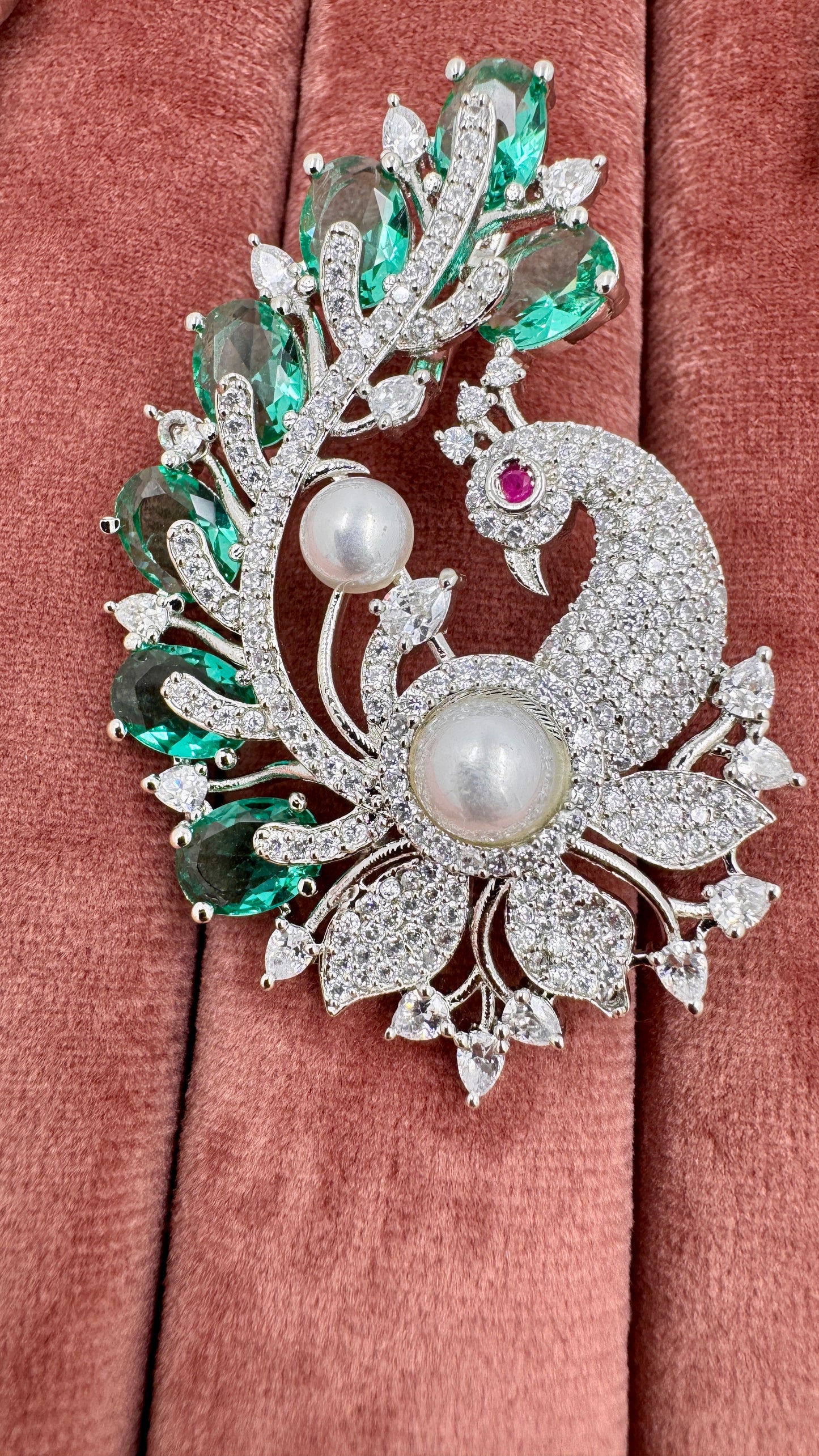 Emerald & Pearl Peacock-Inspired Pendant Set