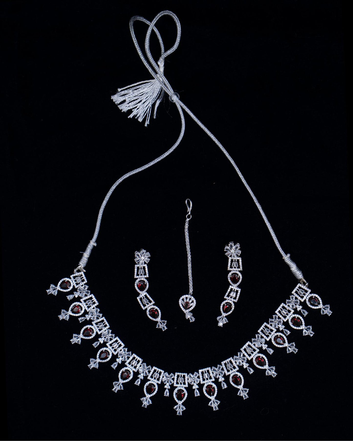 AD Necklace Set with Maang Tikka & Earrings – A Regal Ruby Affair