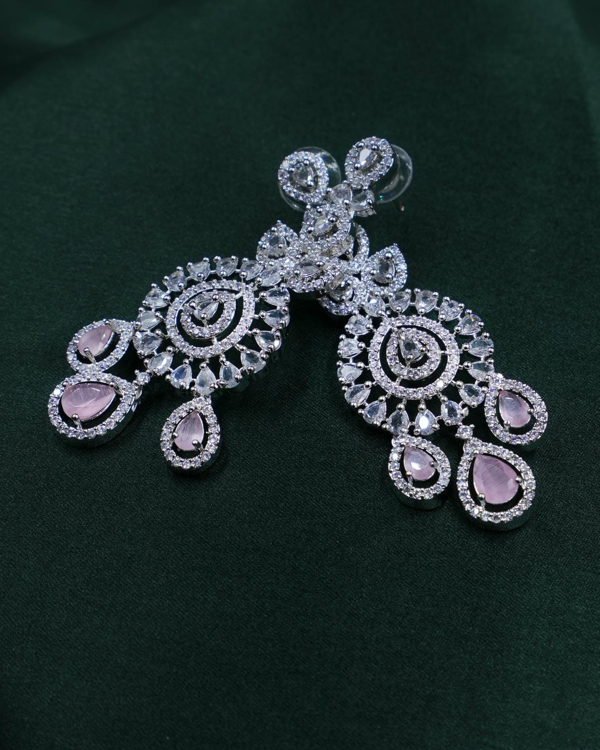 Graceful AD Necklace Set with Baby Pink Drops & Matching Earrings