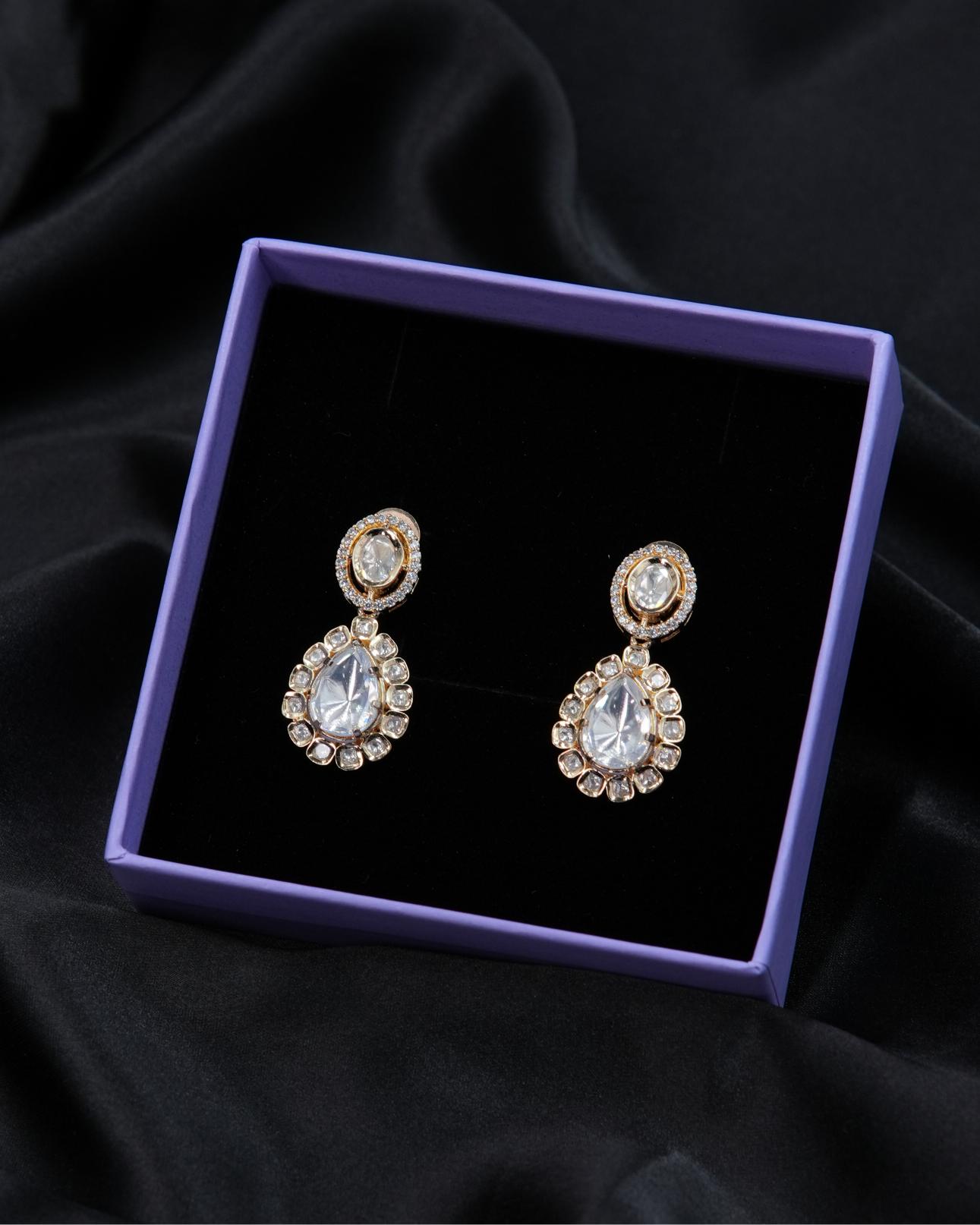 Elegant Drop Kundan Earrings with AD – Available in Purple & Kundan Color