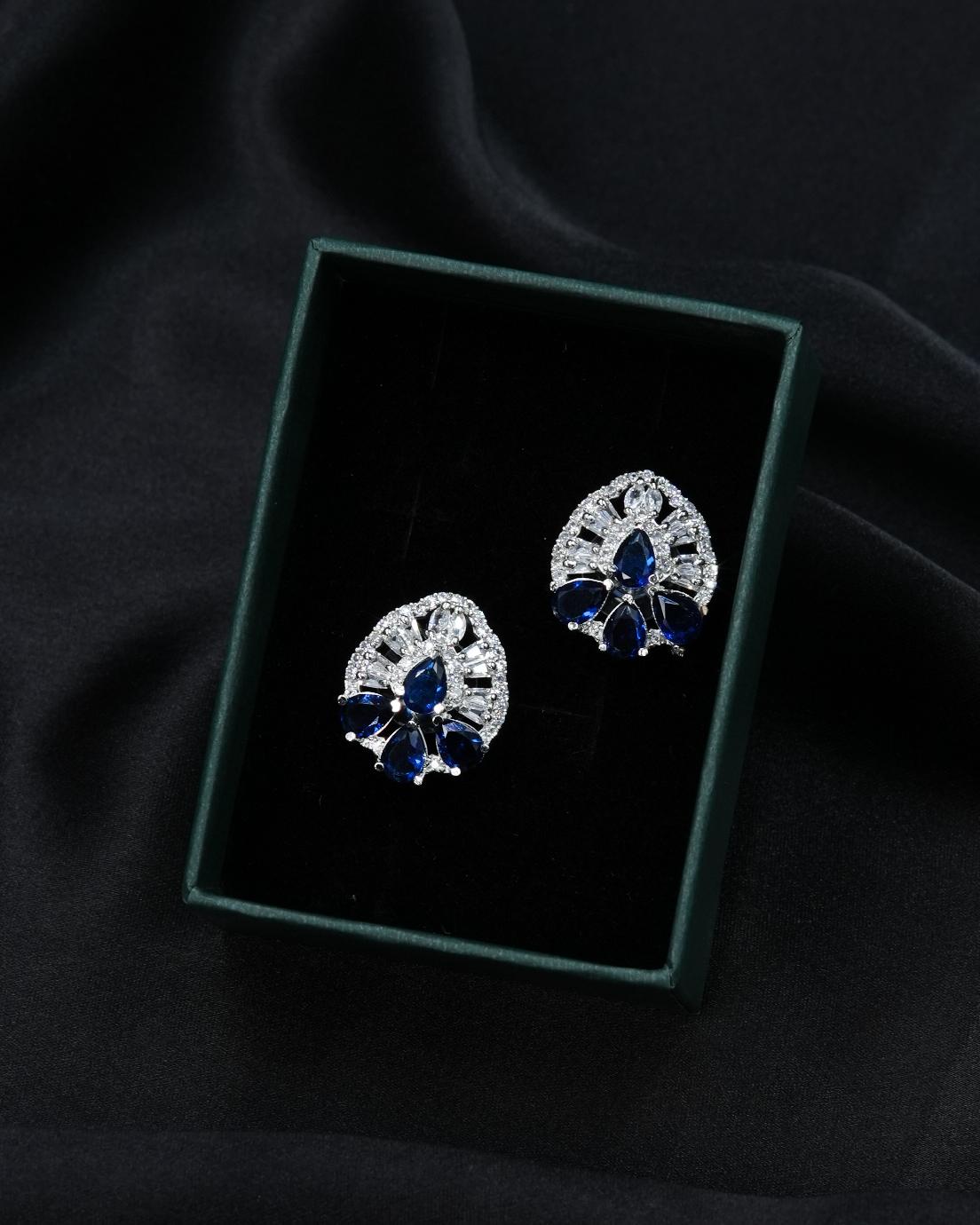 Elegant Silver AD Stud Earrings with Sapphire Stone