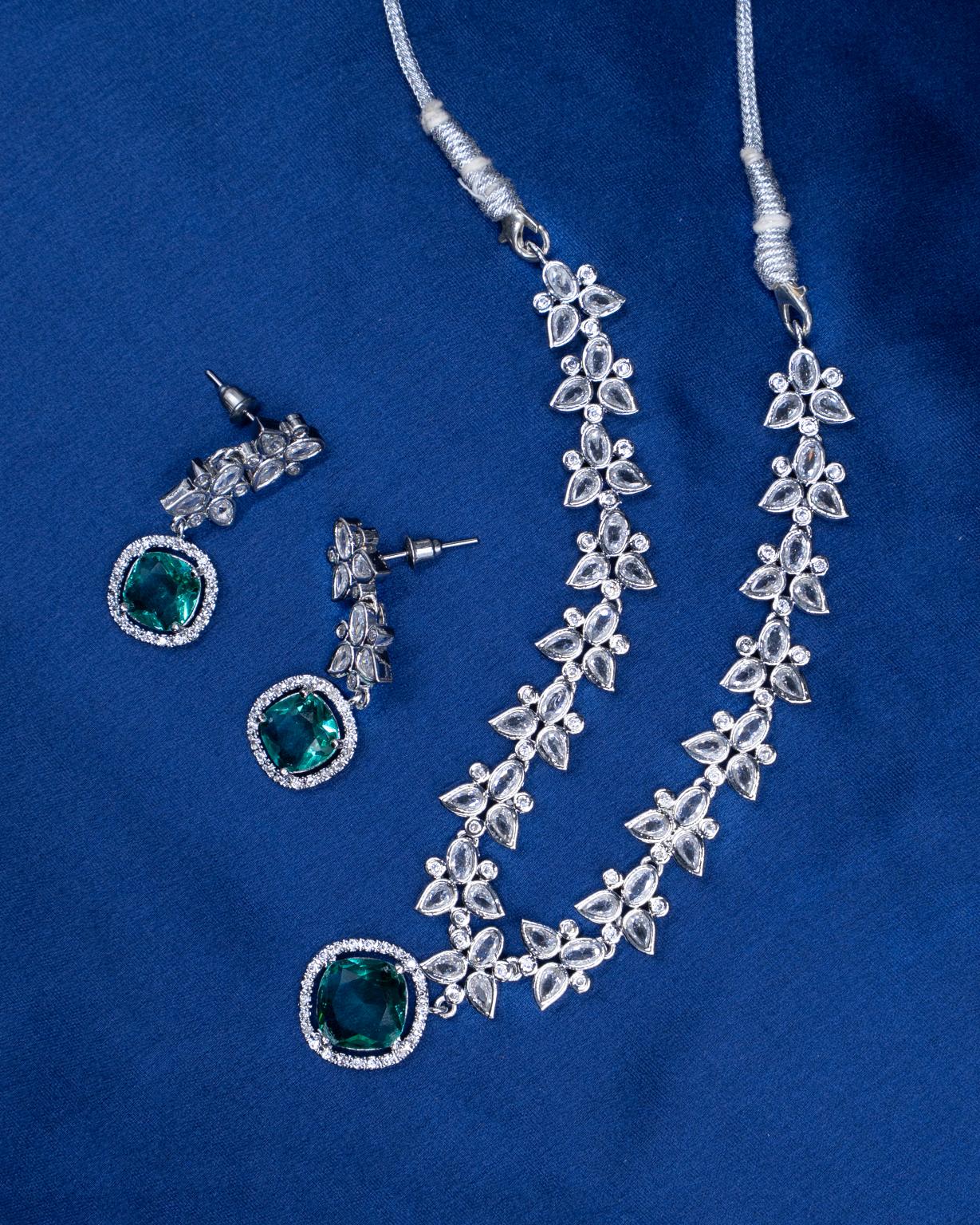 Elegant Silver Necklace with Rama Green Stone & Diamond-Like Sparkle