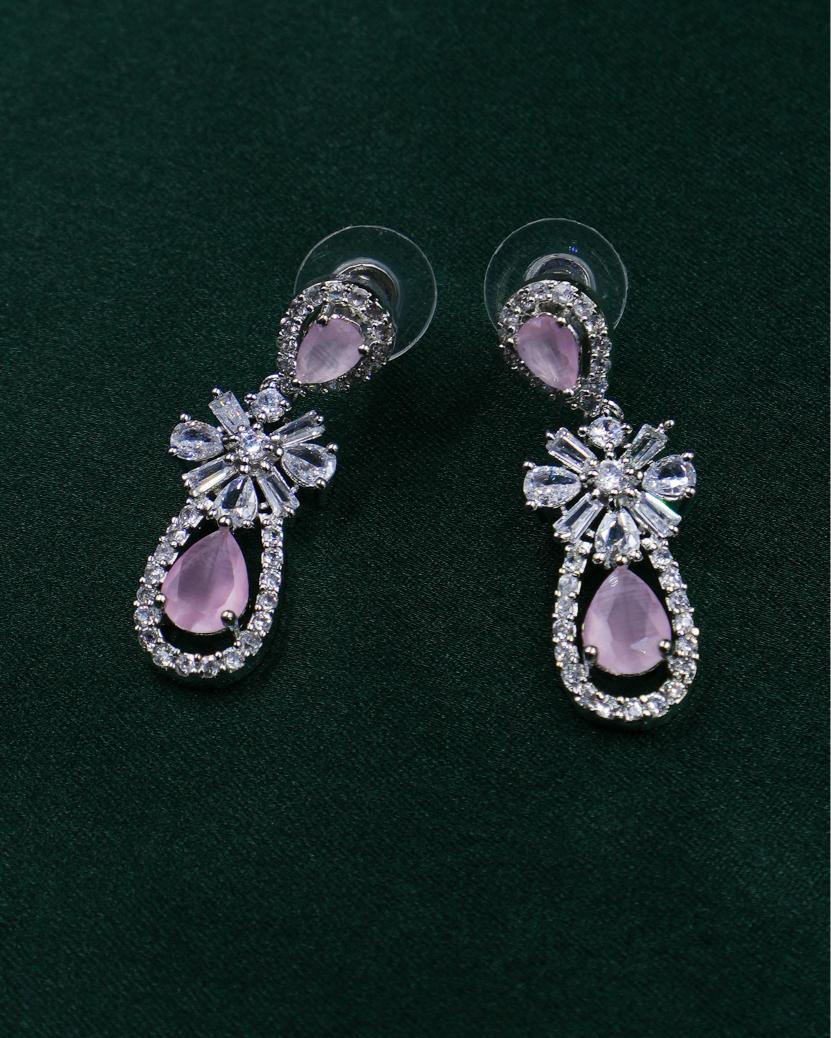 Graceful AD Necklace Set with Baby Pink Drops & Matching Earrings