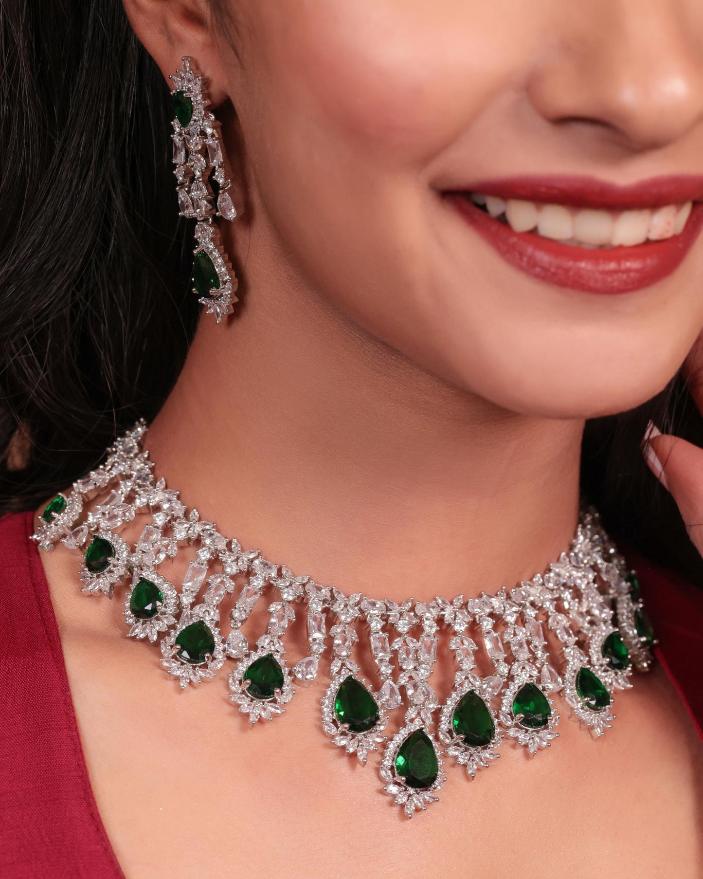 Emerald Green & American Diamond Chandelier Necklace Set