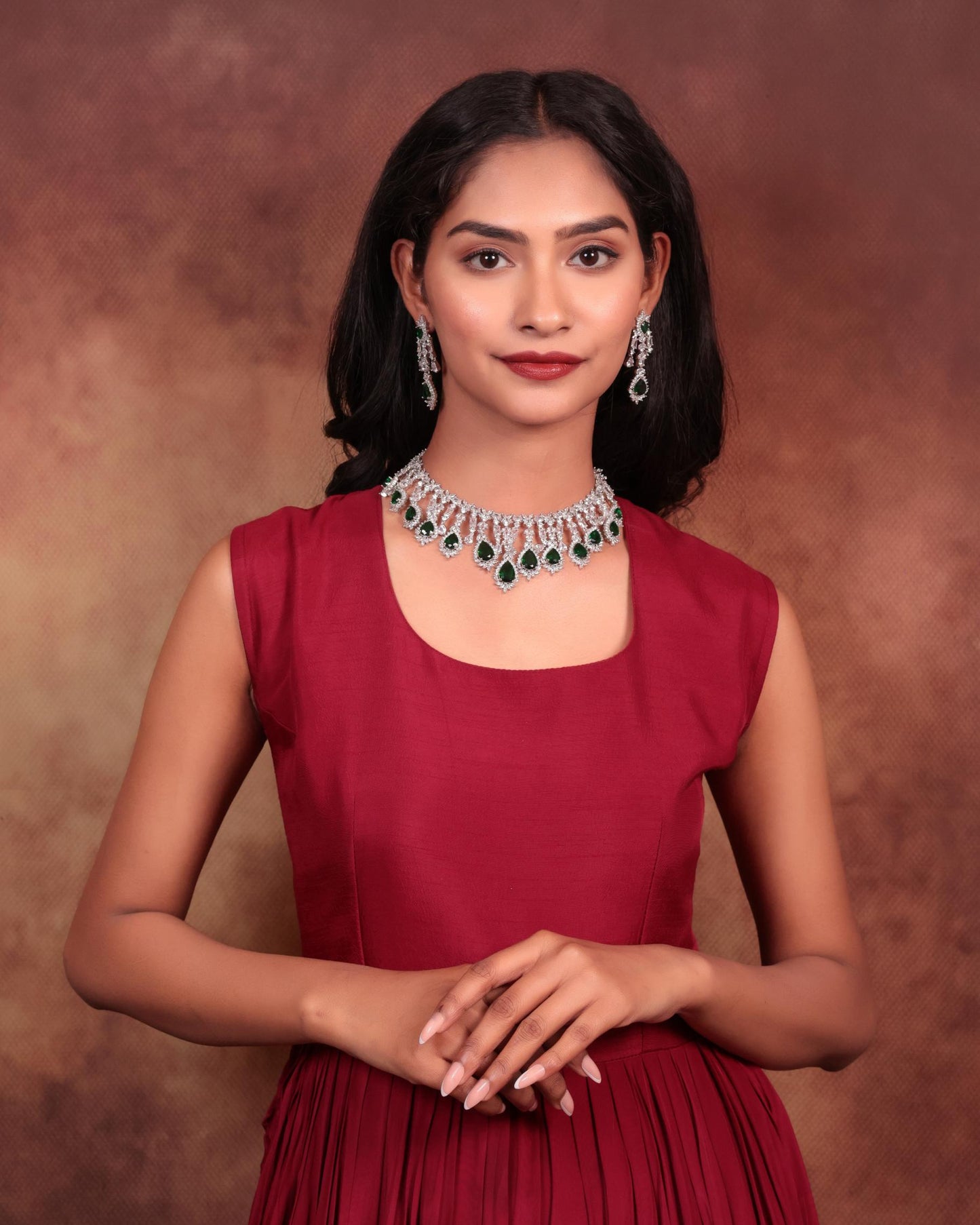 Emerald Green & American Diamond Chandelier Necklace Set