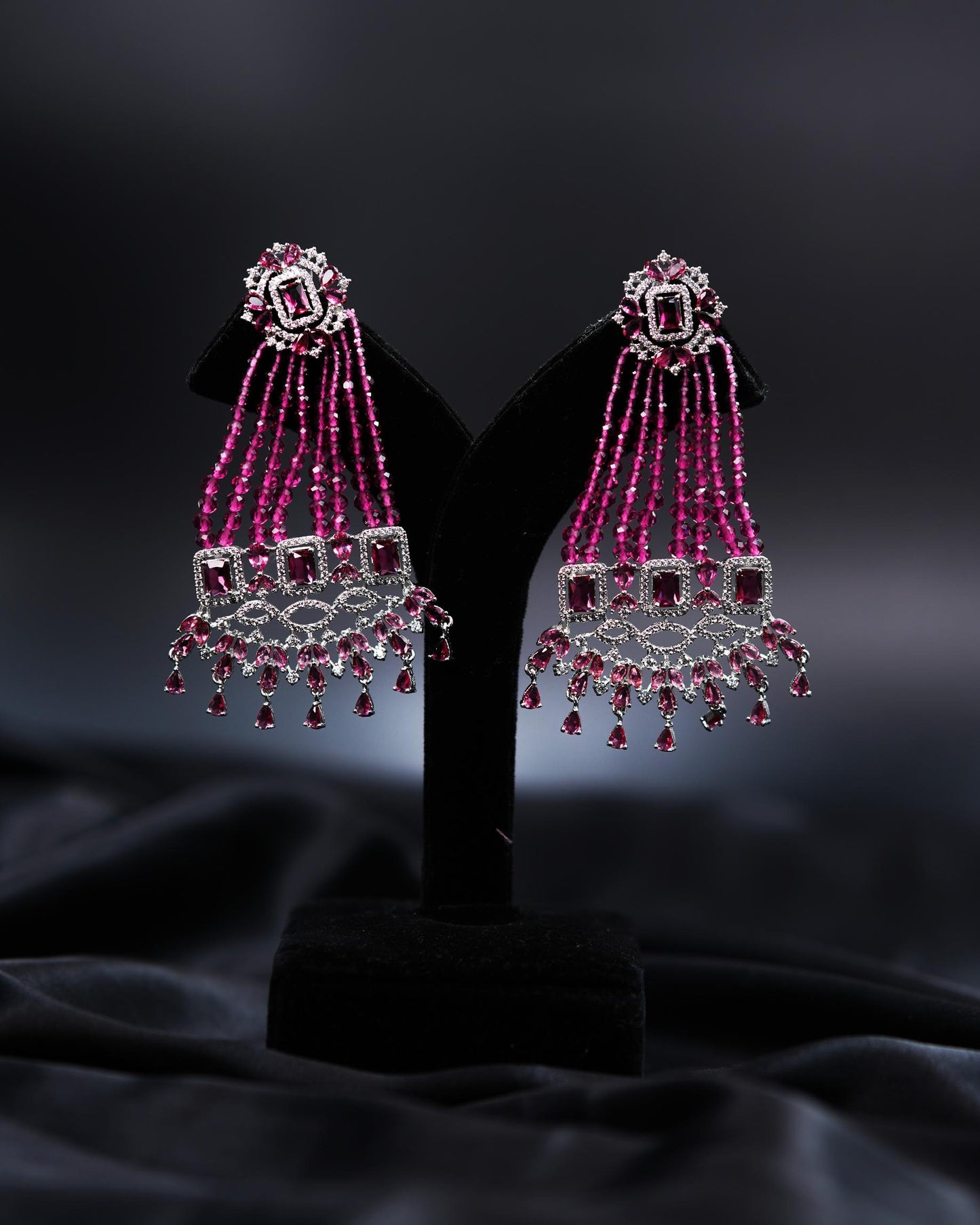 Magenta Pink Beaded Jhumar Earrings with Delicate Drops