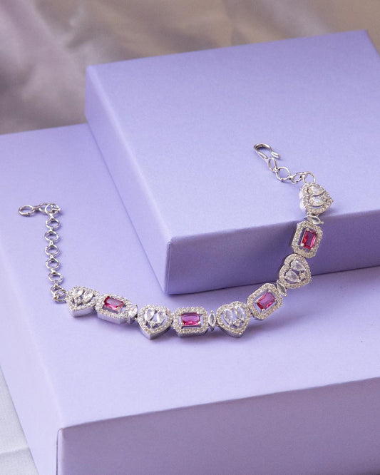 Elegant AD Bracelet with Heart & Square Ruby Stone