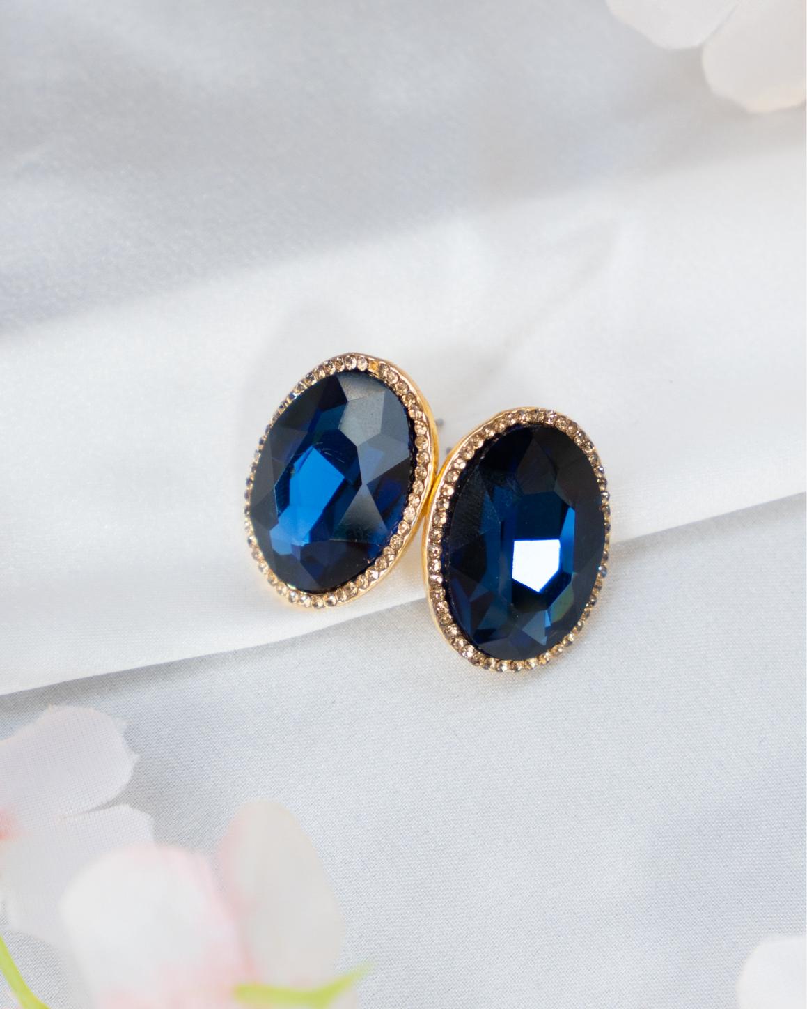 Oval Sapphire-Colored Studs with Golden Zircon Border