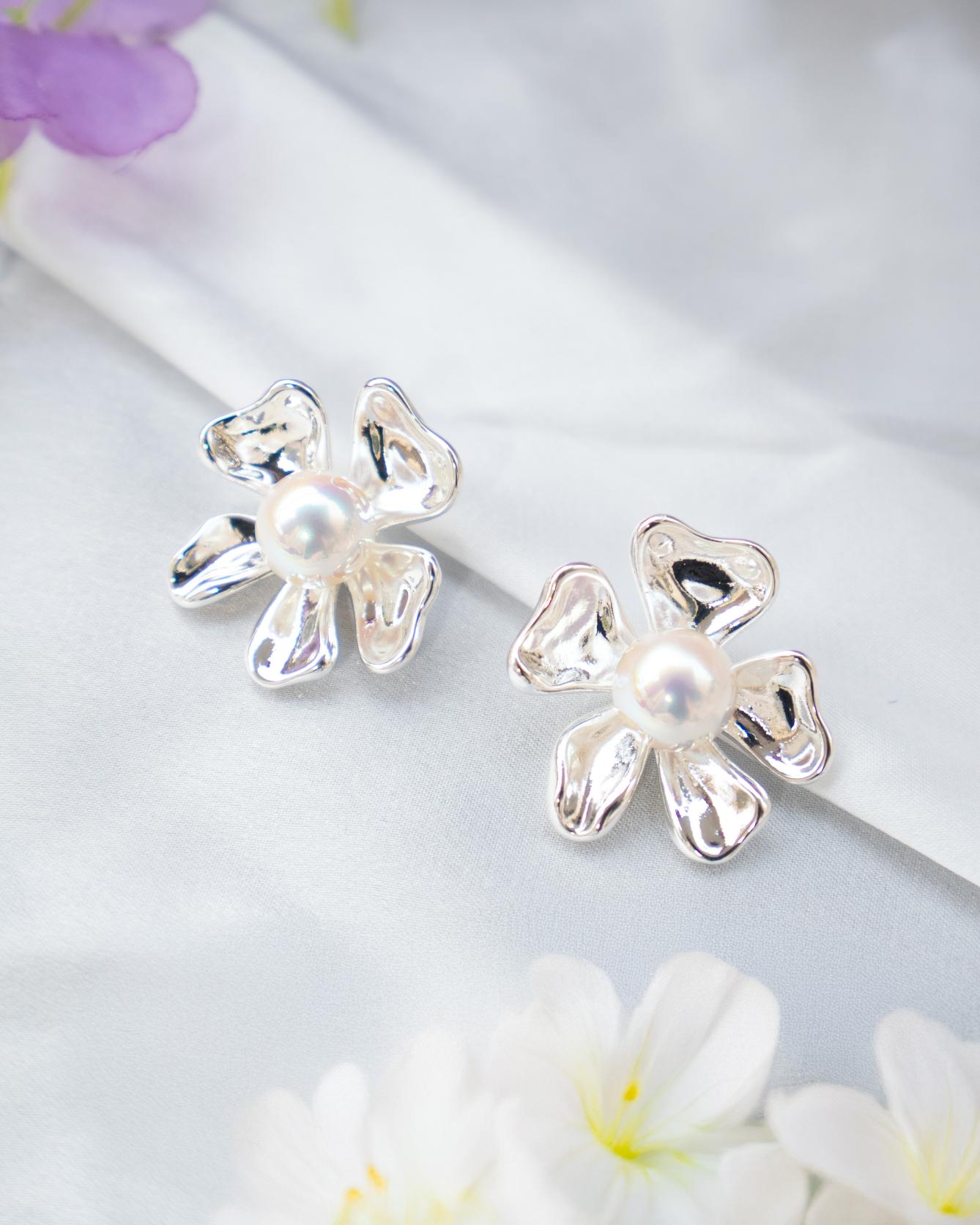 Silver Flower Studs with Pearl Center