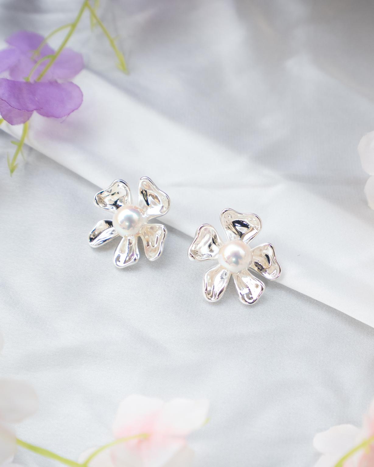 Silver Flower Studs with Pearl Center