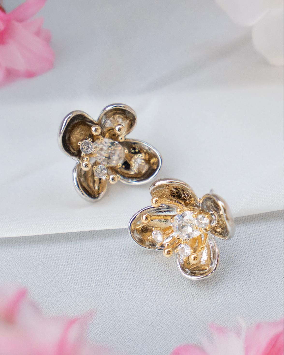 Golden Flower Studs with AD Stone Center & Graceful Floral Vine