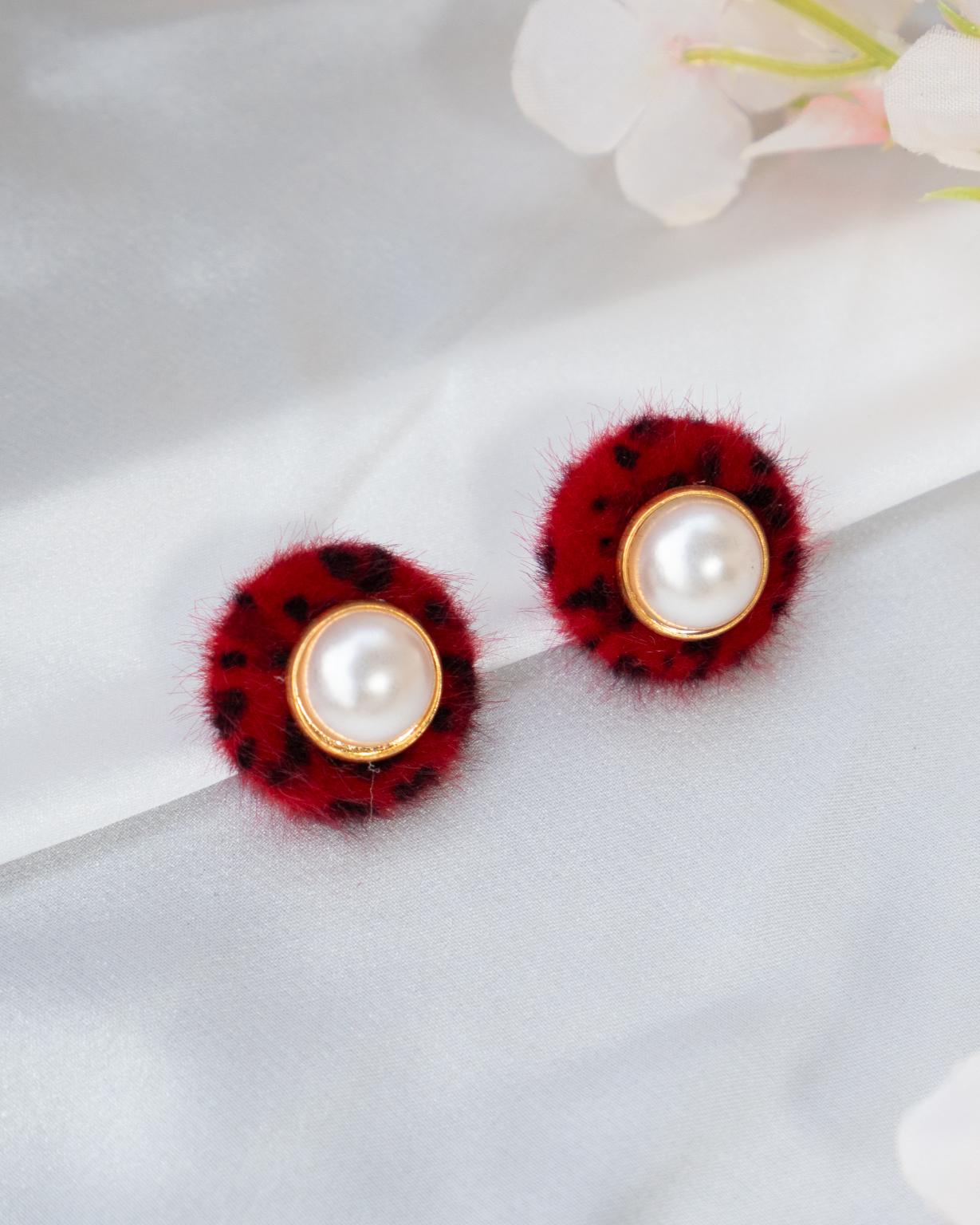 Unique Ladybug-Inspired Studs with Feather Fabric & Pearl Center
