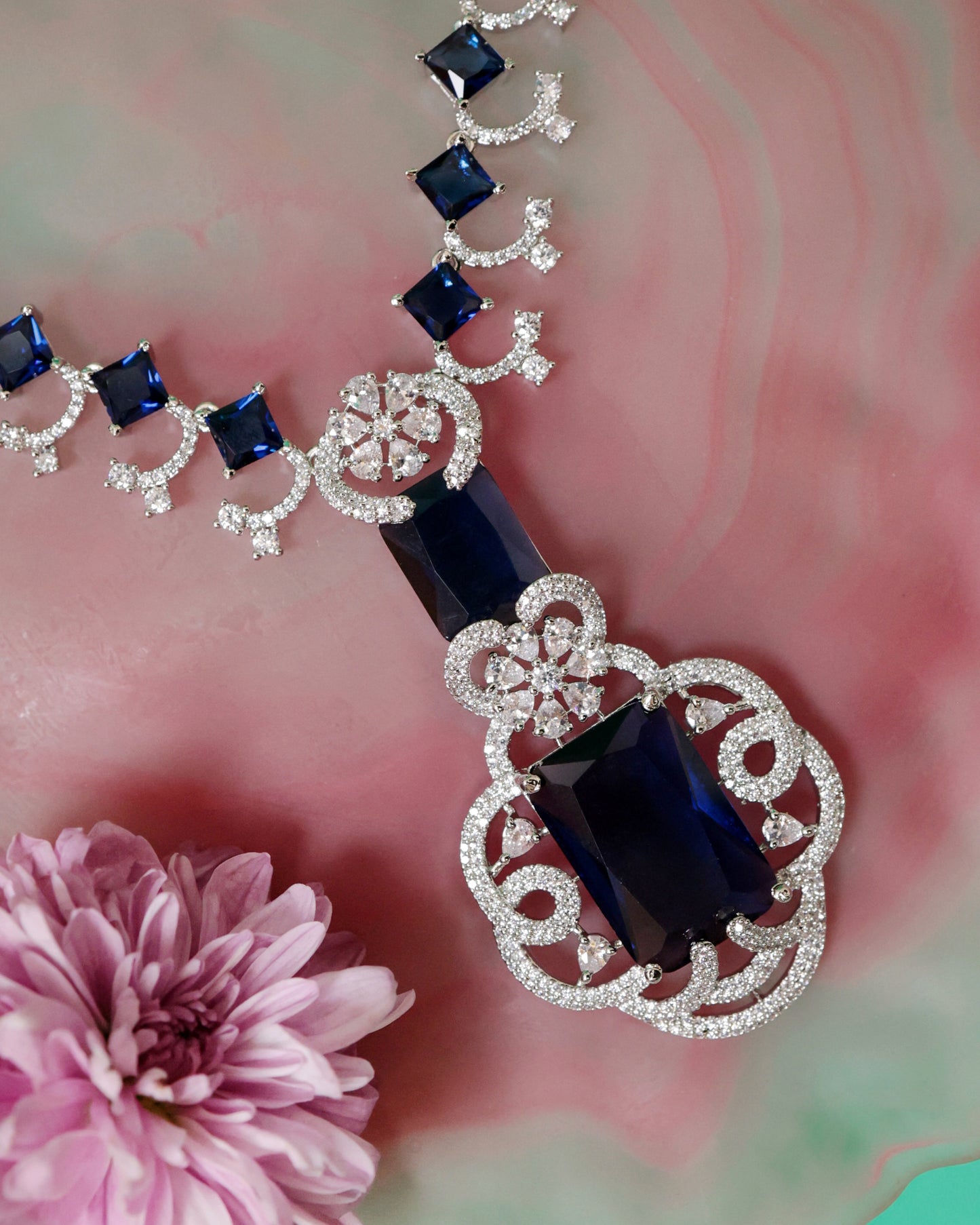 Regal Blue Sapphire & American Diamond Necklace Set