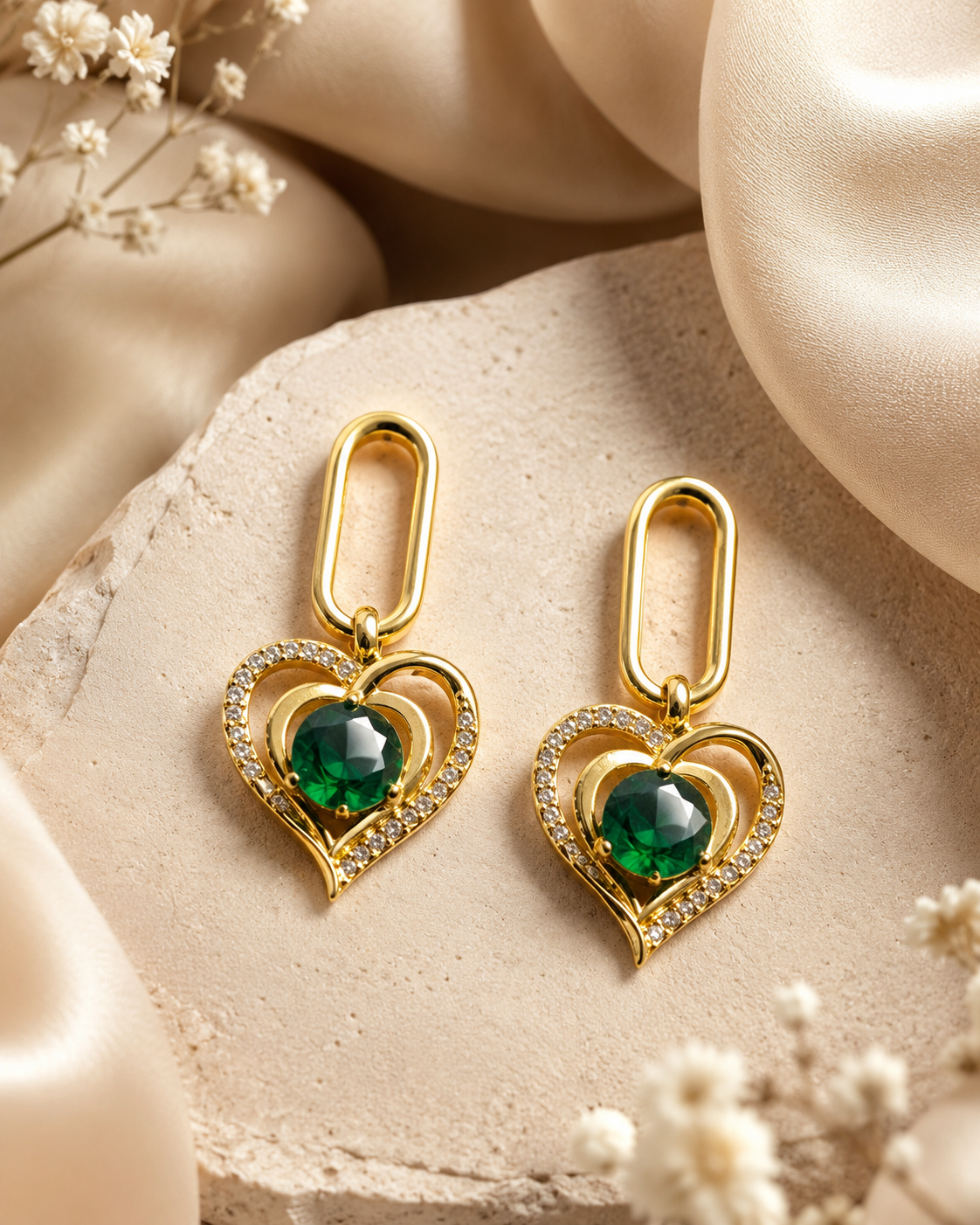 Emerald look Heart Charm Drop Earrings