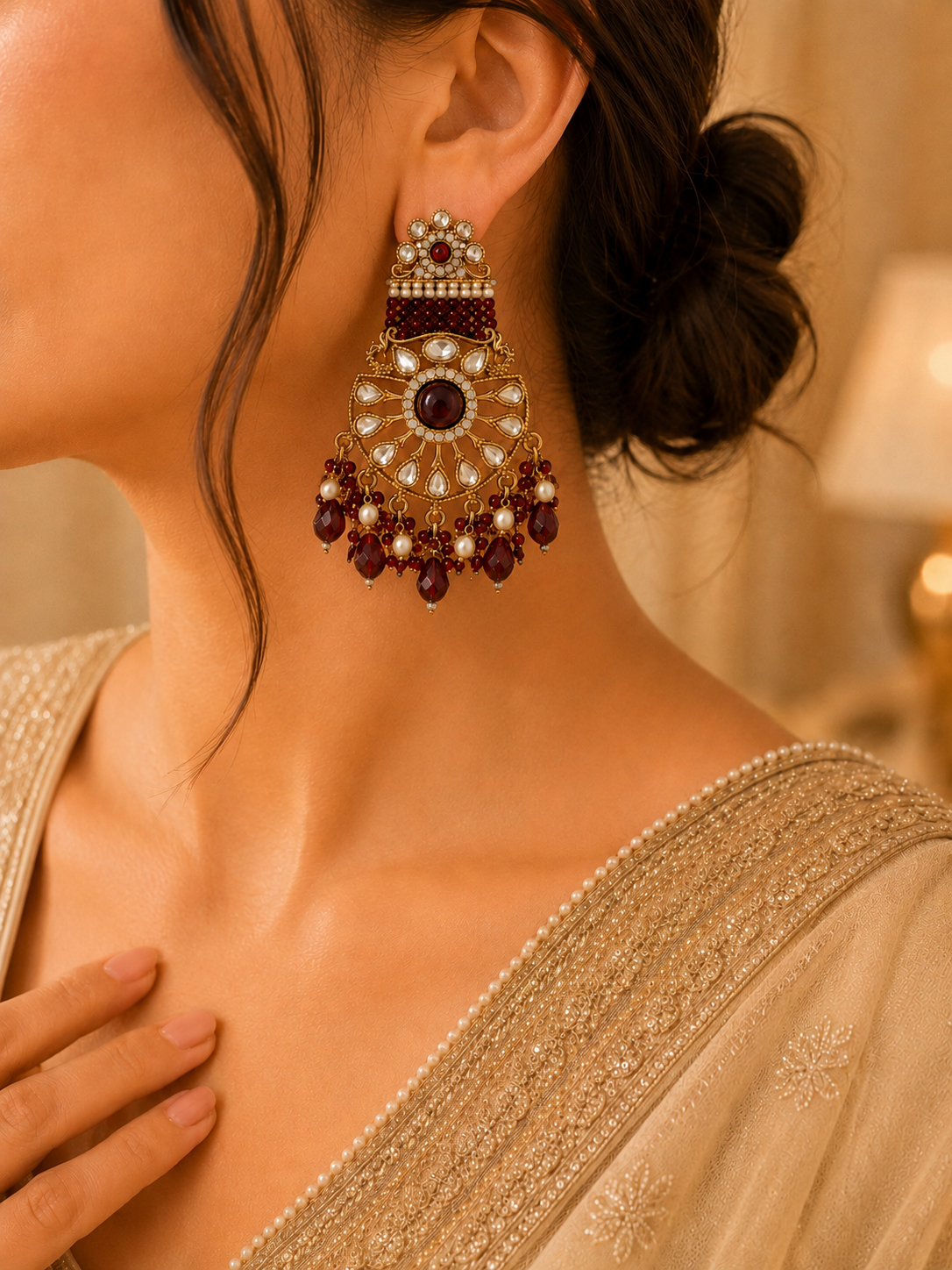 Meher Moissanite Statement Earrings Maroon