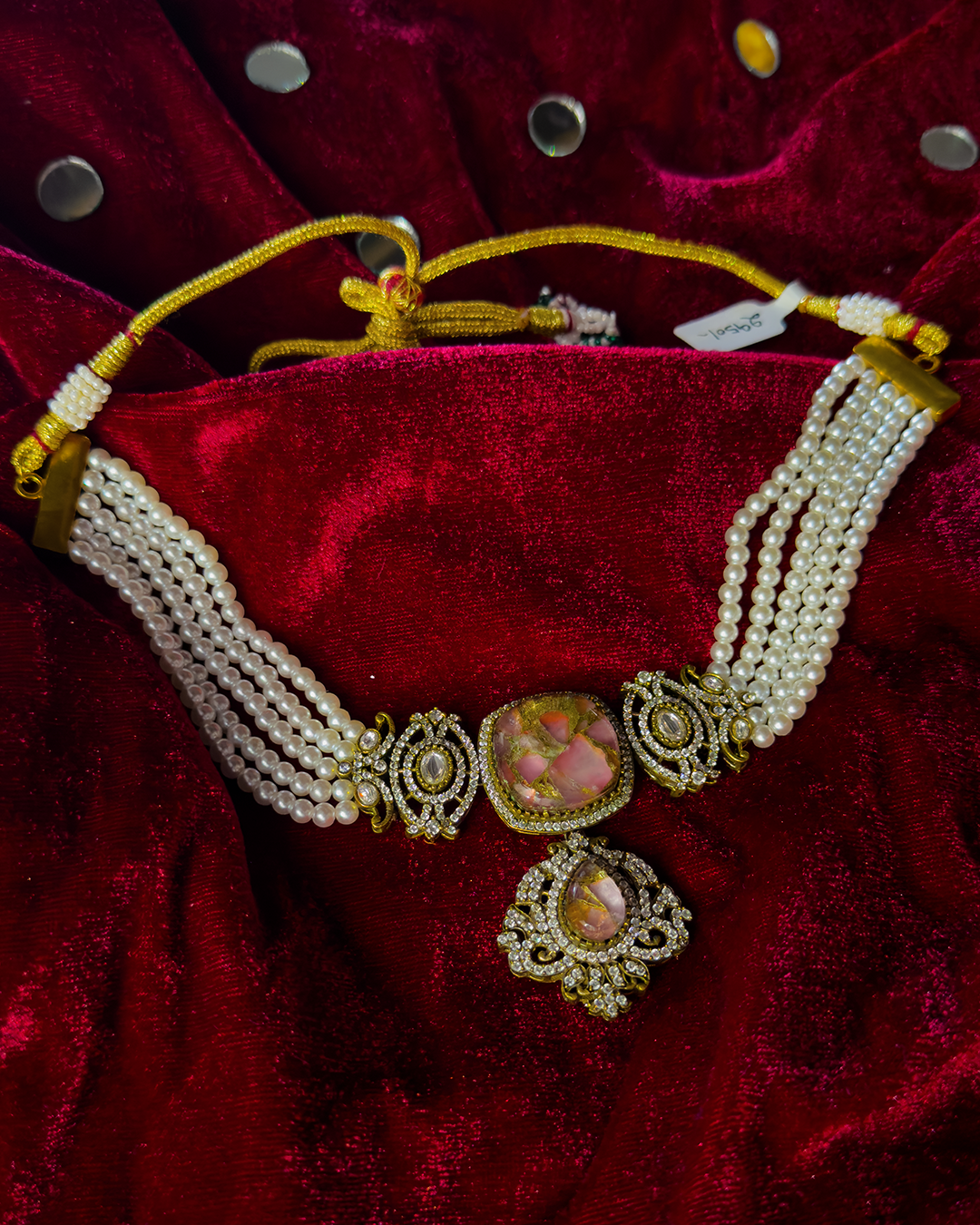 Mehndi Green Firestone & Moissanite Pearl String Choker Set