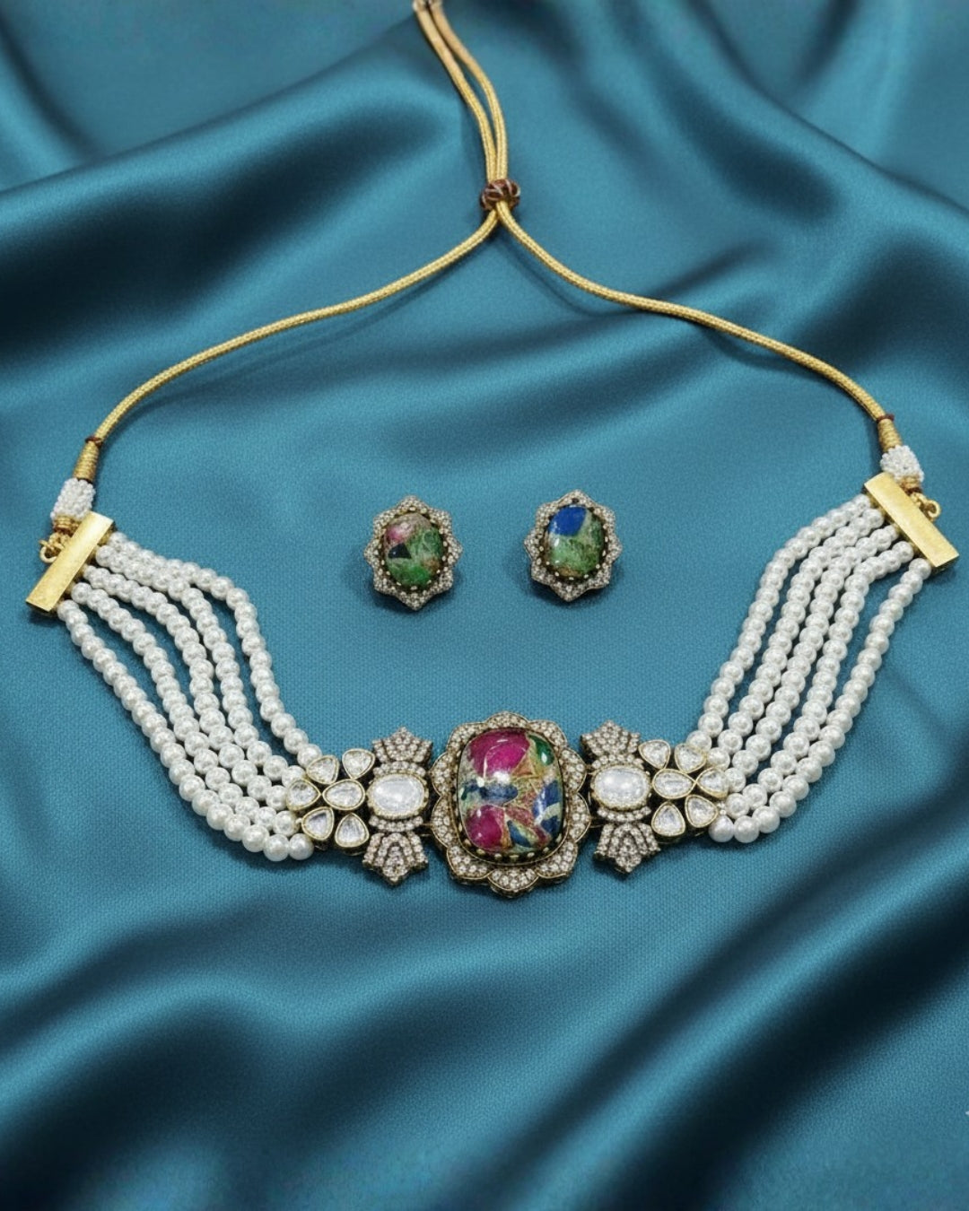 Moissanite & Multicolor Stone Pearl Choker Set