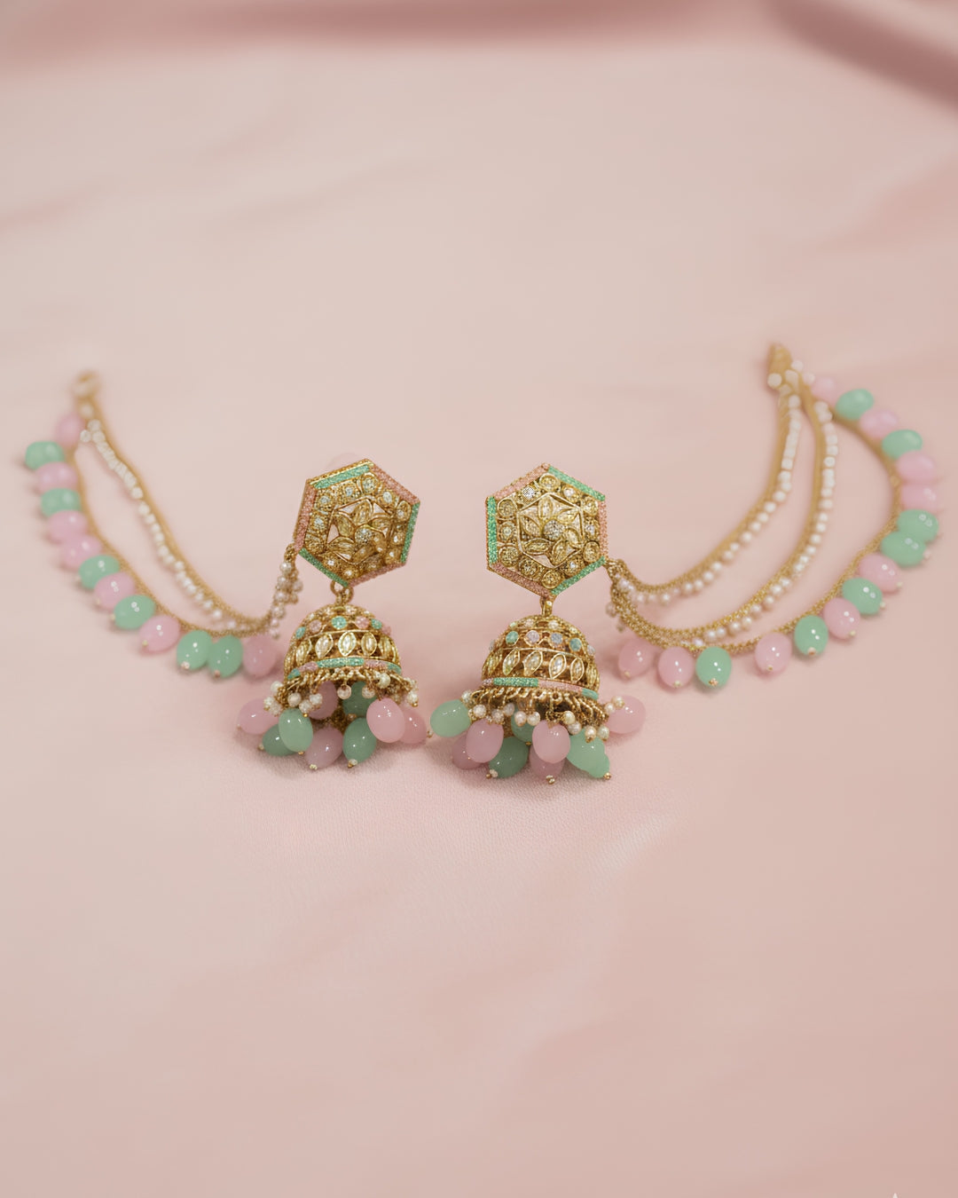 Pastel Hexa Jhumka with Beaded Chain
