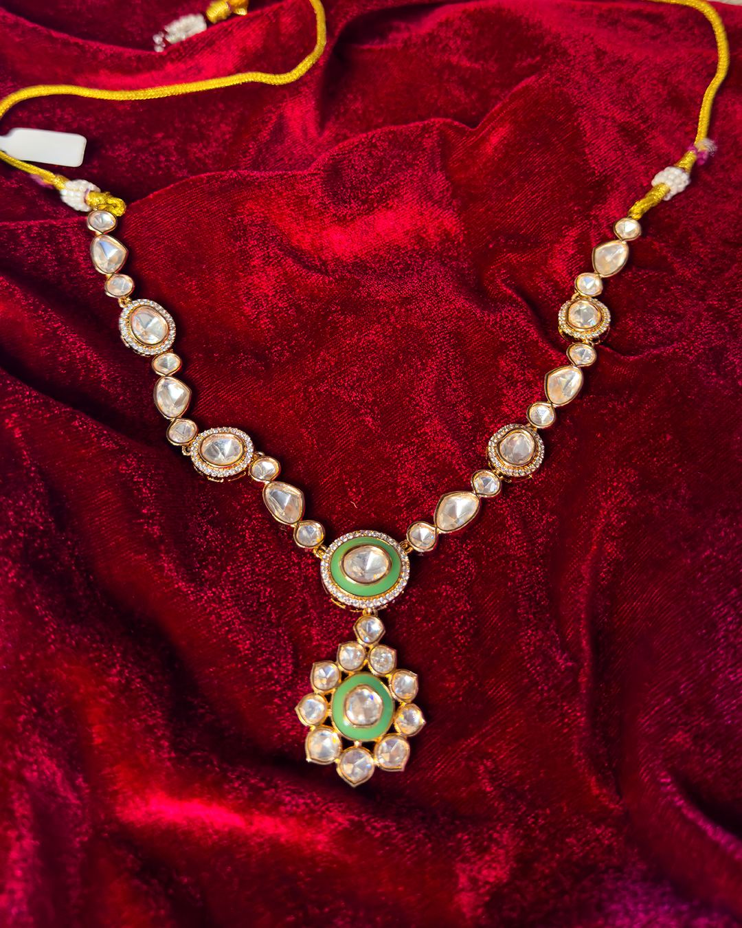 Pista Green Polki V-Shape Necklace Set