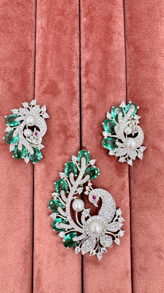 Emerald & Pearl Peacock-Inspired Pendant Set