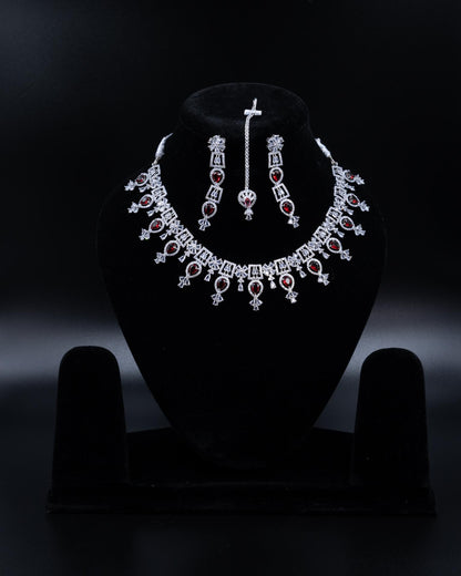 AD Necklace Set with Maang Tikka & Earrings – A Regal Ruby Affair