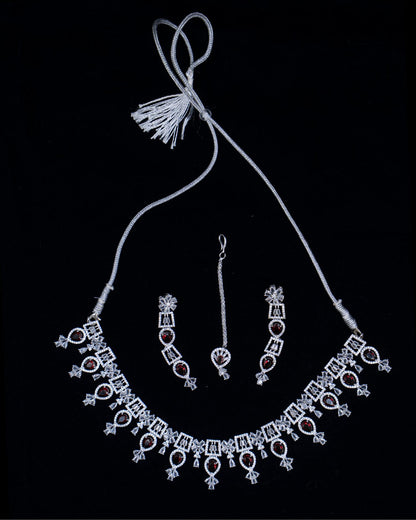 AD Necklace Set with Maang Tikka & Earrings – A Regal Ruby Affair