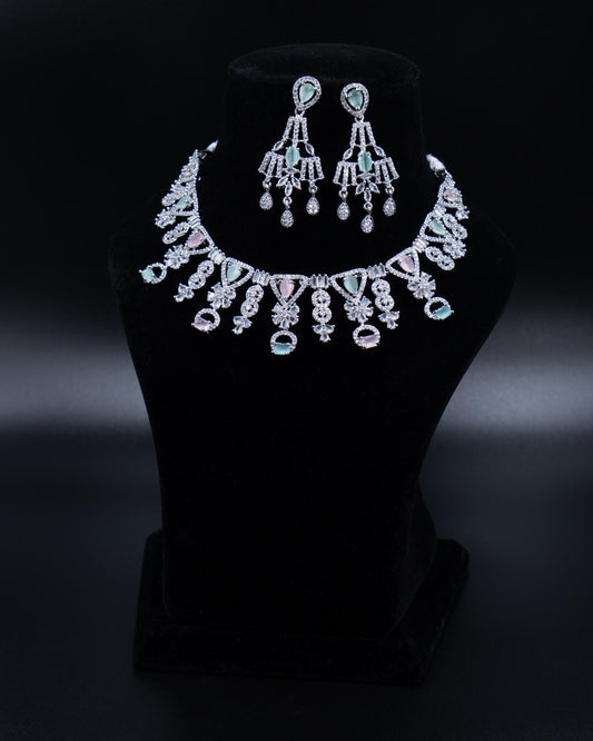 Pastel Pink & Green AD Necklace – A Dreamy Symphony of Elegance