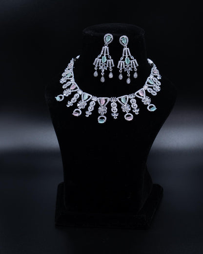 Pastel Pink & Green AD Necklace – A Dreamy Symphony of Elegance