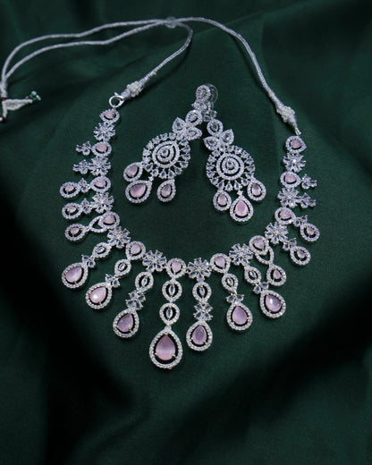 Graceful AD Necklace Set with Baby Pink Drops & Matching Earrings