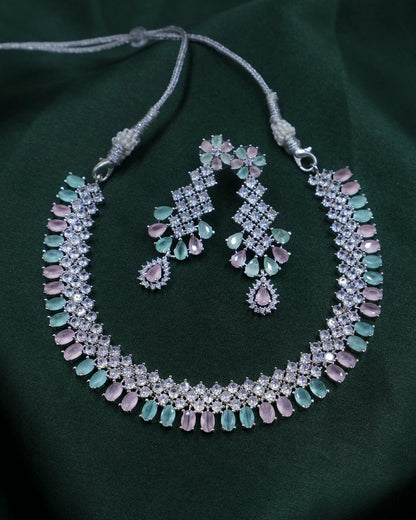 Pastel Pink & Green AD Necklace – A Dreamy Symphony of Elegance