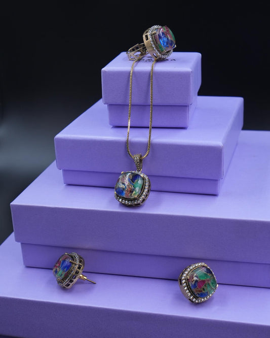 Radiant Multicolor AD Pendant Set with Chain & Matching Ring