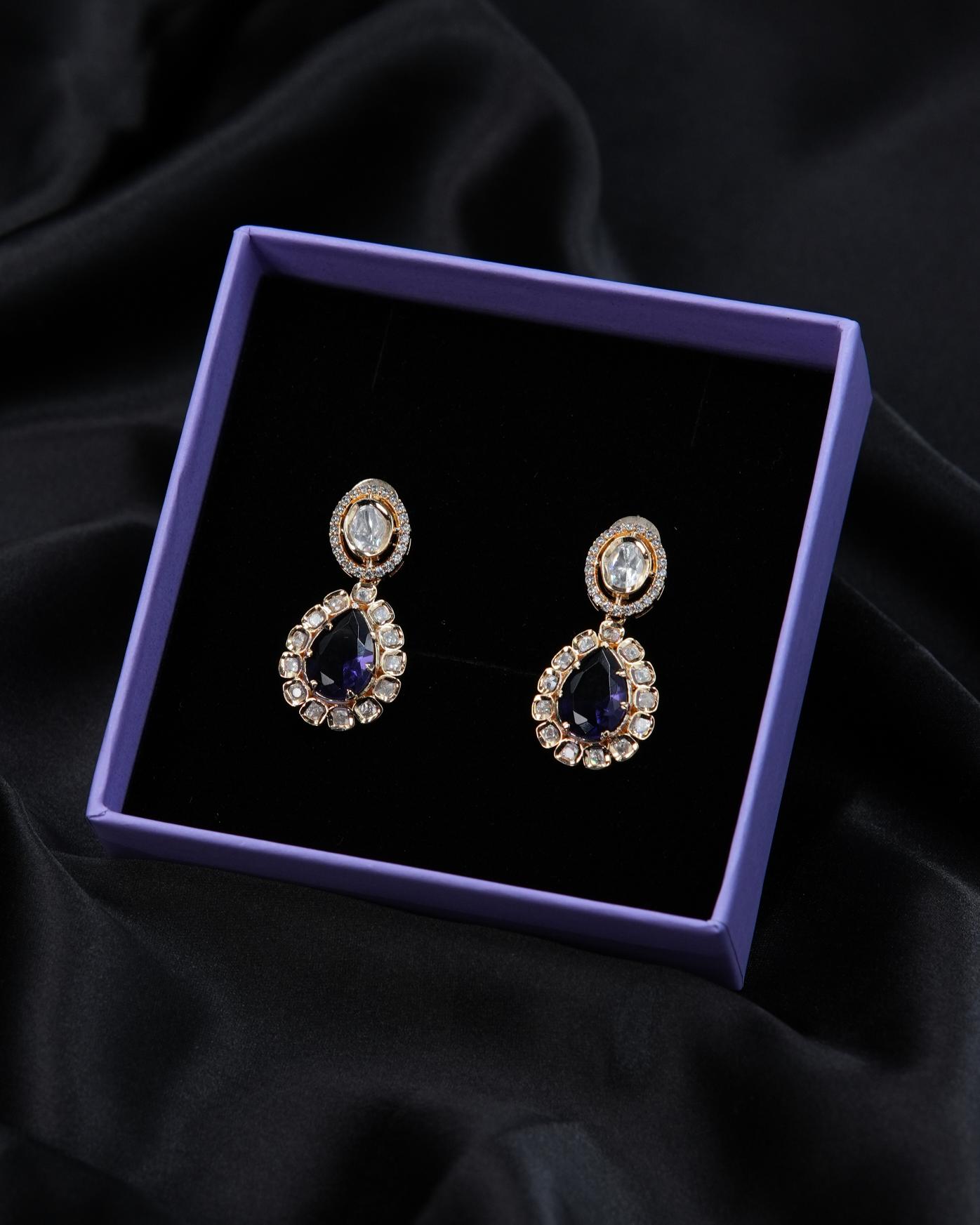 Elegant Drop Kundan Earrings with AD – Available in Purple & Kundan Color