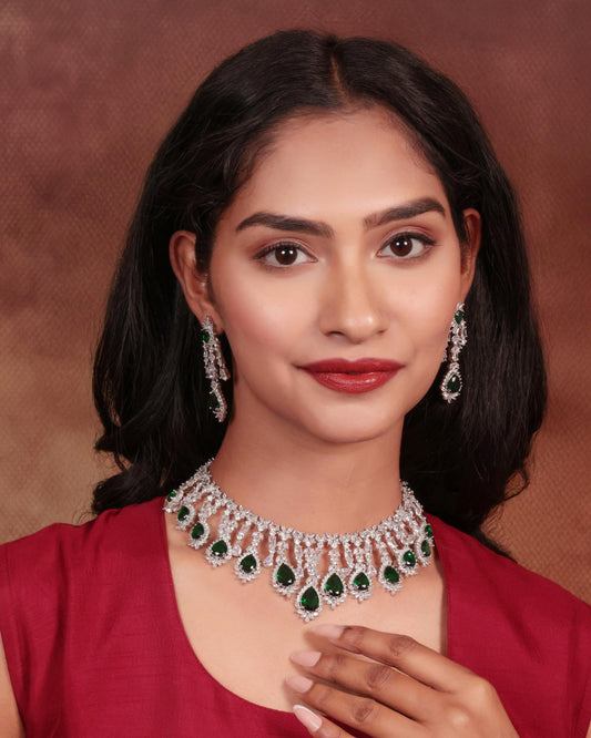 Emerald Green & American Diamond Chandelier Necklace Set