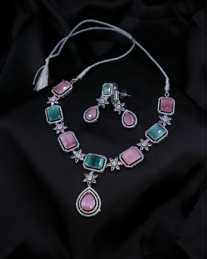 Pastel Pink & Green AD Necklace – A Dreamy Symphony of Elegance