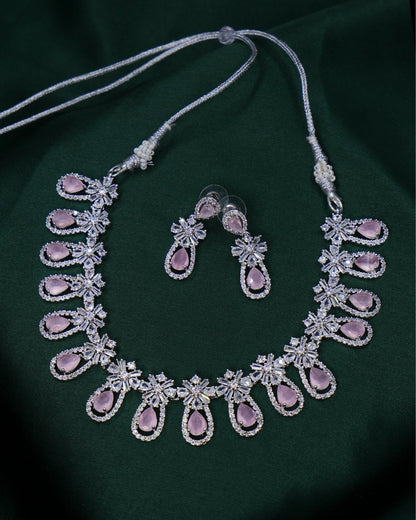 Graceful AD Necklace Set with Baby Pink Drops & Matching Earrings