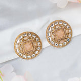 Golden Kundan Studs with Blush Pink Square Stone & Baby Pink Cutwork