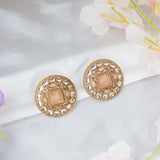 Golden Kundan Studs with Blush Pink Square Stone & Baby Pink Cutwork