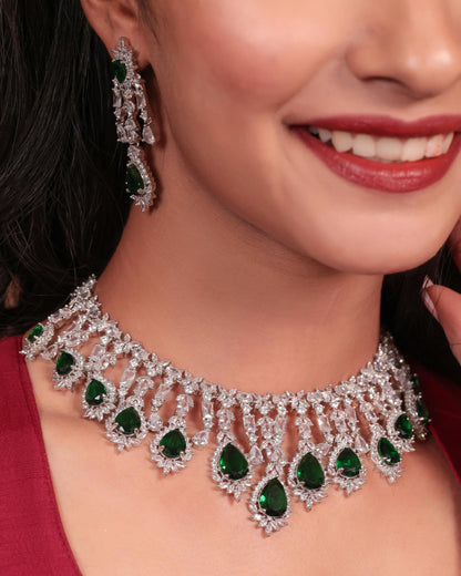 Emerald Green & American Diamond Chandelier Necklace Set