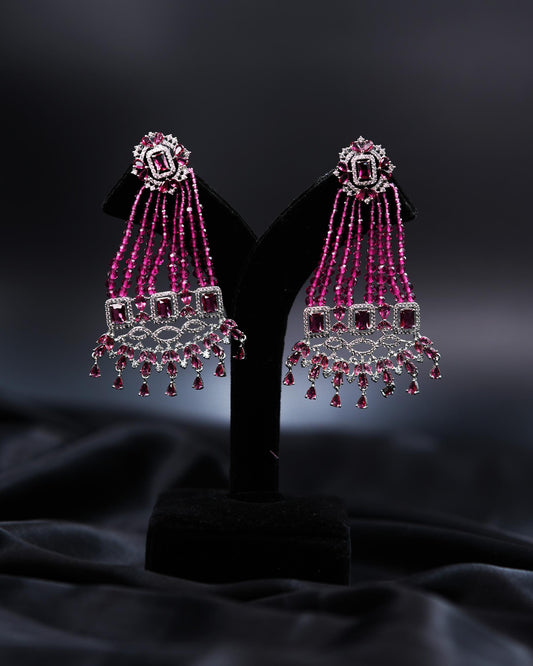 Magenta Pink Beaded Jhumar Earrings with Delicate Drops