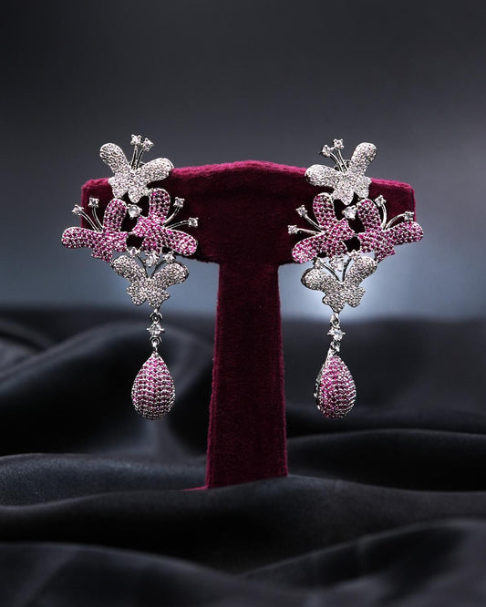 Italian-Inspired Butterfly Earrings with Magenta & Silver AD Stones