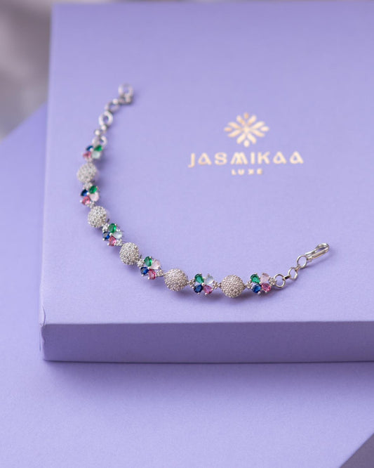 Elegant AD Bracelet with Floral & Circular Stone Design