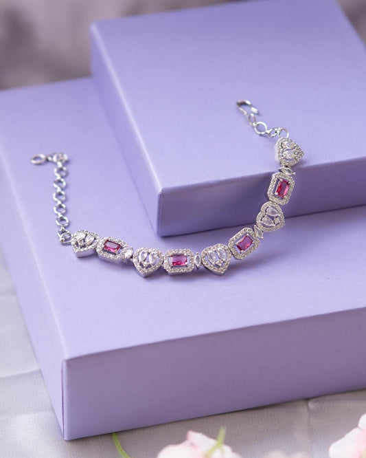 Elegant AD Bracelet with Heart & Square Ruby Stone