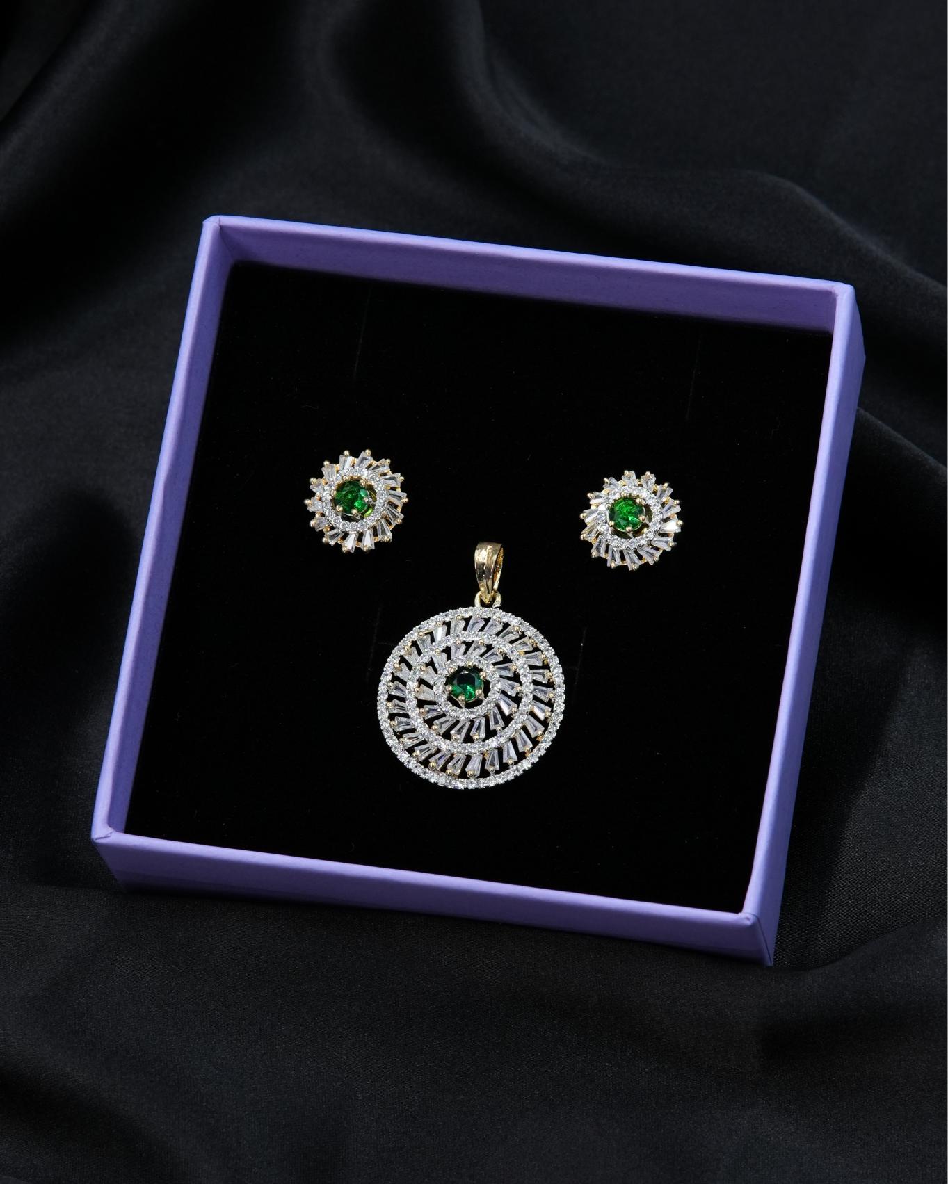 Golden AD Round Pendant Set with Emerald Center Stone