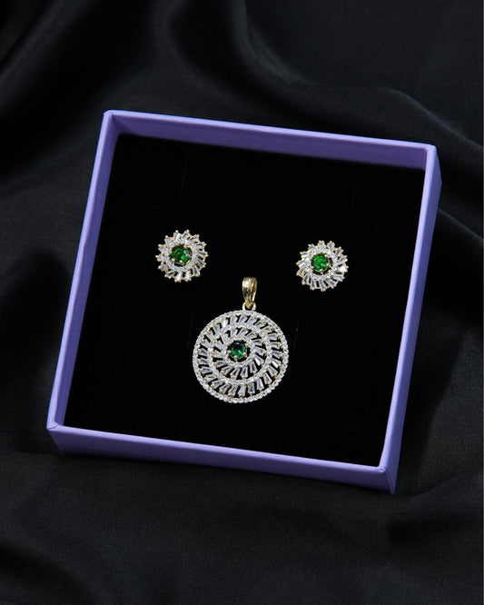 Golden AD Round Pendant Set with Emerald Center Stone