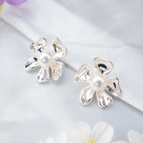 Silver Flower Studs with Pearl Center
