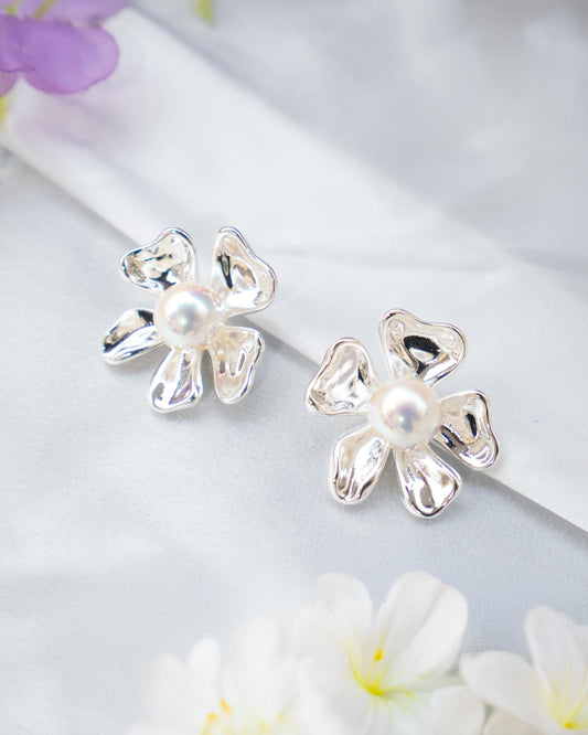 Silver Flower Studs with Pearl Center