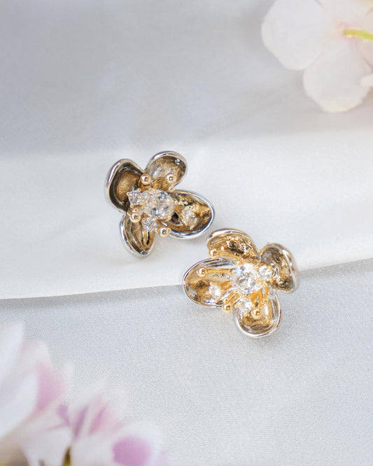 Golden Flower Studs with AD Stone Center & Graceful Floral Vine