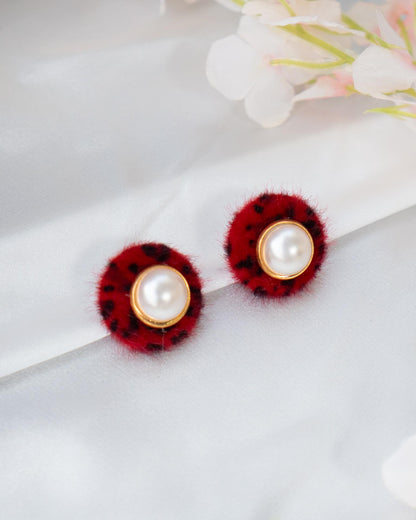 Unique Ladybug-Inspired Studs with Feather Fabric & Pearl Center
