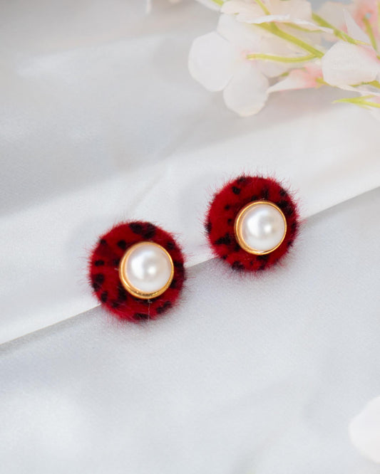Unique Ladybug-Inspired Studs with Feather Fabric & Pearl Center
